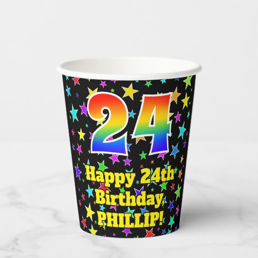 24e verjaardag: Fun Stars Pattern en Rainbow 24 Papieren Bekers (Achterkant)