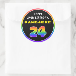 24e verjaardag: kleurrijke regenboog # 24, Naam va Ronde Sticker