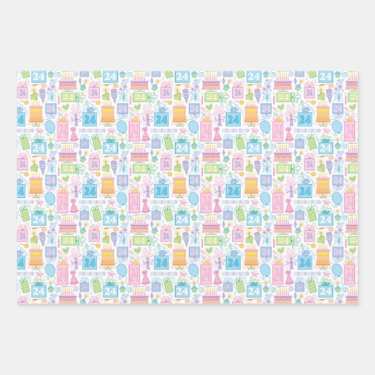 24e verjaardag Pastel Roze Cake Cadeaus Ballons Inpakpapier Vel (Voorkant 2)
