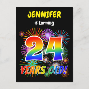 24e verjaardag - vuurwerk, regenboogblik "24" briefkaart