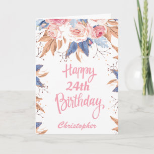 24e verjaardag Waterverf botanische roze Floral Kaart