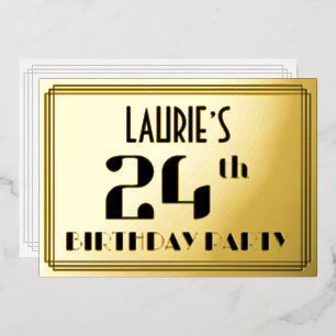 24e verjaardagsfeest: Art Deco-look “24” en naam Folie Uitnodiging