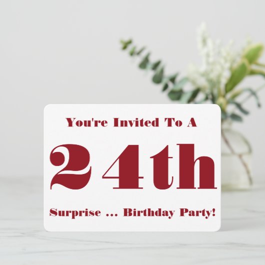 24e Verrassing Verjaardagsfeest Uitnodigen, rood e Kaart (Staand voorkant)