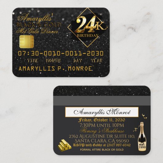 24K Black|Gold Carte de crédit Anniversaire Invita (Devant / Derrière)