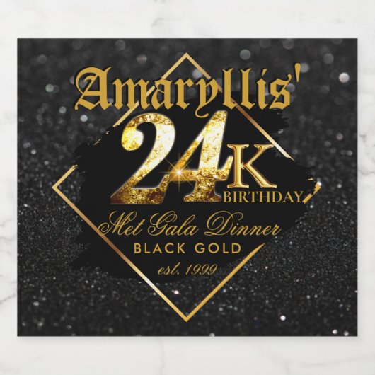 24K Zwart Glitter & Goud Elegant Verjaardag Sparkling Wijnetiket (Enkel label)