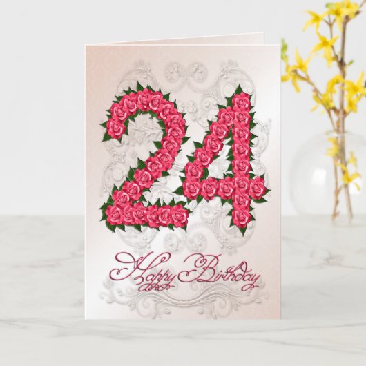 24ste verjaardagskaart met rozen en bladeren kaart (Gele Bloem)