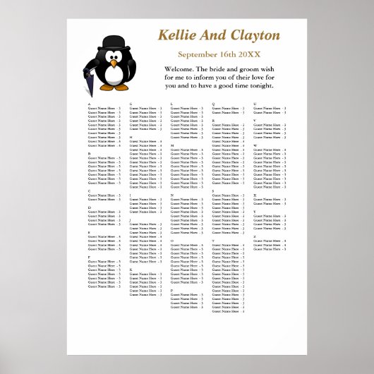 250 Funny Penguin Greeter Wedding Seating Chart Poster (Voorkant)