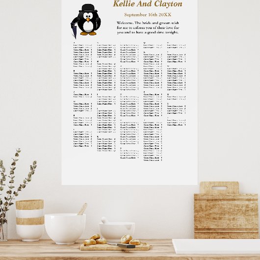 250 Funny Penguin Greeter Wedding Seating Chart Poster (Keuken)