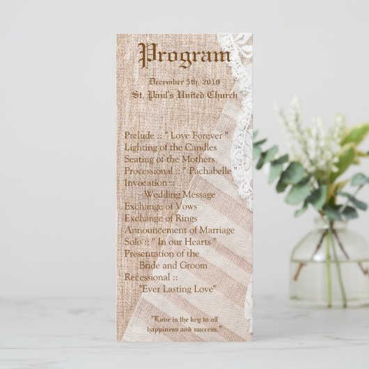 25 4x9 Huwelijksprogramma Country Lace Handkerchie Programma (Staand voorkant)