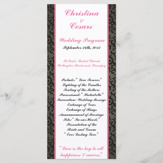 25 4x9 Huwelijksprogramma Damask/Stripes Roze Kroo Programma (Voorkant)