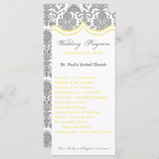 25 4x9 Huwelijksprogramma Grijs Geel Damask Kant Programma (Voorkant / Achterkant)