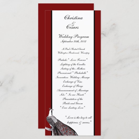 25 4x9 Huwelijksprogramma Pauw Rood Zwart Wit Programma (Voorkant / Achterkant)