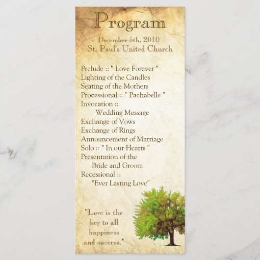 25 4x9 Huwelijksprogramma Spring Tree Aged Paper V Programma (Voorkant)