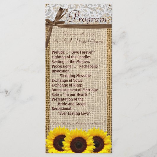 25 4x9 Huwelijksprogramma Zonnebloem Kant Burlap C Programma (Voorkant)