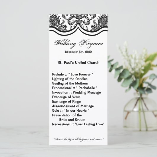 25 4x9 Huwelijksprogramma Zwart Wit Damask Lace Pr Programma (Staand voorkant)