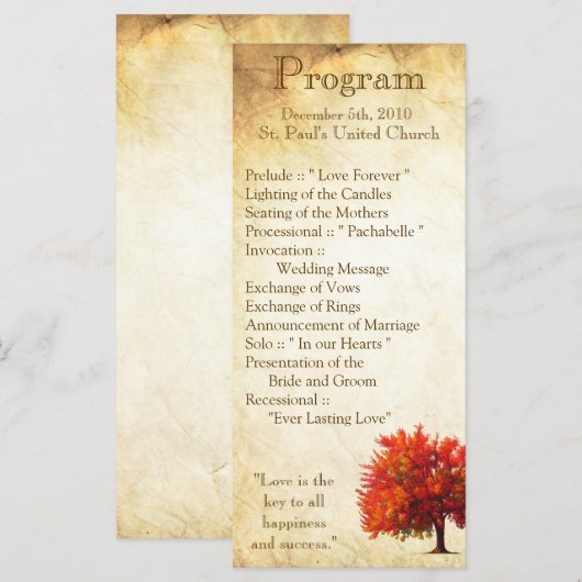 25 4x9 Programme de mariage Automne Arbre Papier v (Devant / Derrière)
