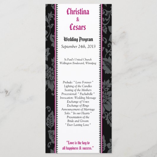 25 4x9 Programme de mariage Black Floral Hot Pink (Devant)