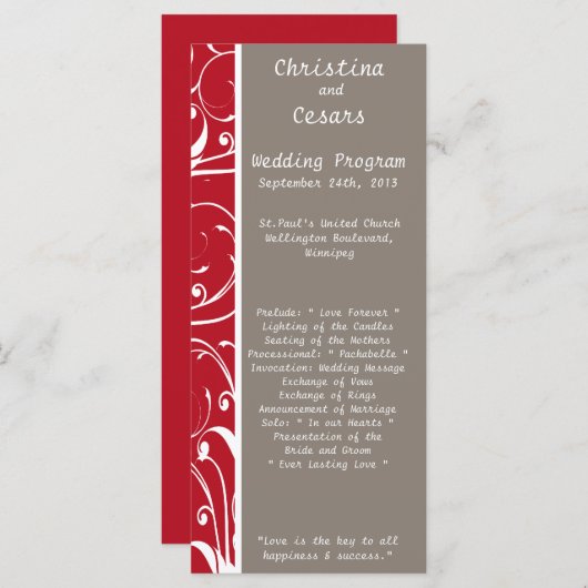 25 4x9 Programme de mariage Crimson Red Grey Bg Wh (Devant / Derrière)