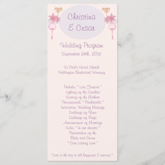 25 4x9 Programme de mariage Lanterne/Fleurs rose v (Devant)
