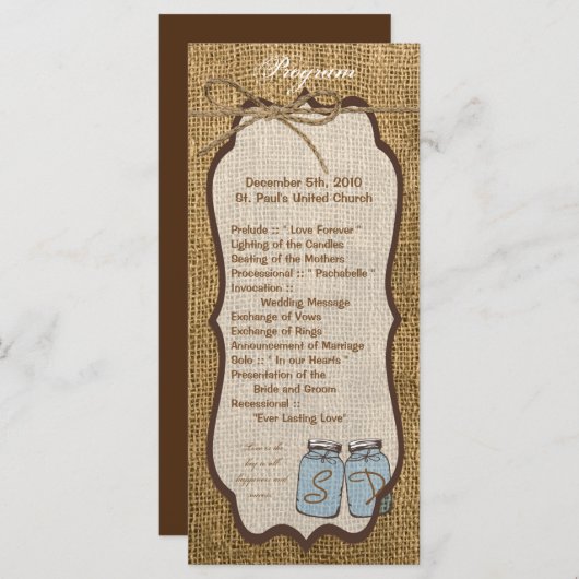 25 4x9 Programme de mariage Mason Jar Burlap Pays (Devant / Derrière)