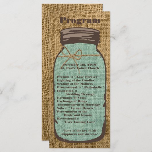 25 4x9 Programme de mariage Mason Jar Burlap Pays (Devant / Derrière)