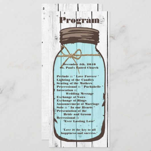 25 4x9 Programme de mariage Mason Jar Wood Pays (Devant / Derrière)