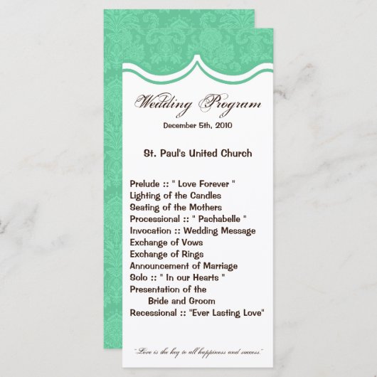 25 4x9 Programme de mariage Mint Gree Blanc Dentel (Devant / Derrière)