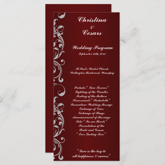 25 4x9 Programme de mariage Noir Maroon Gris Fils  (Devant / Derrière)
