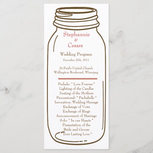 25 4x9 Programme de mariage Rose/Brown Mason Jar (Devant)