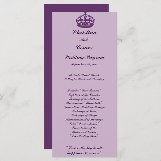 25 4x9 Programme de mariage Royal Purple Crown/Swi (Devant / Derrière)