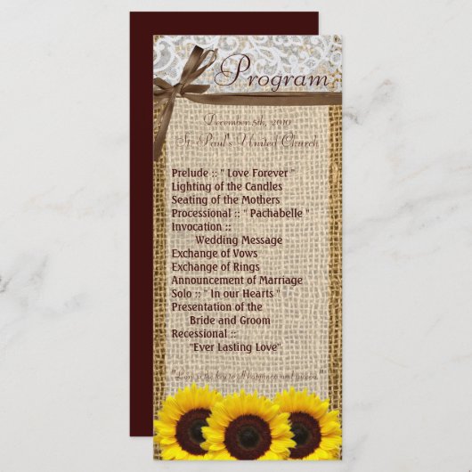 25 4x9 Programme de mariage Tournesol Dentelle Nom (Devant / Derrière)