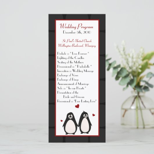 25 4x9 Trouwprogramma Penguin Love Paar Mate voor Programma (Staand voorkant)