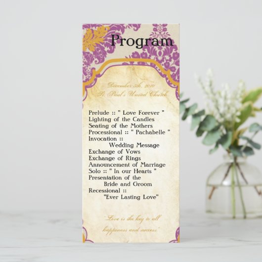 25 4x9 Wedding Program Paarse Gold Damask Lace Pri Programma (Staand voorkant)