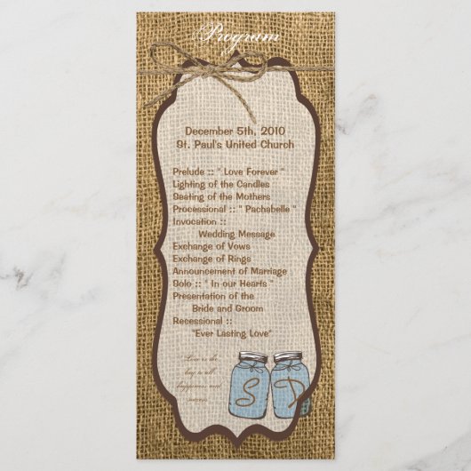 25 4x9 Wedding Programme Mason Jar Burlap Country Programma (Voorkant)