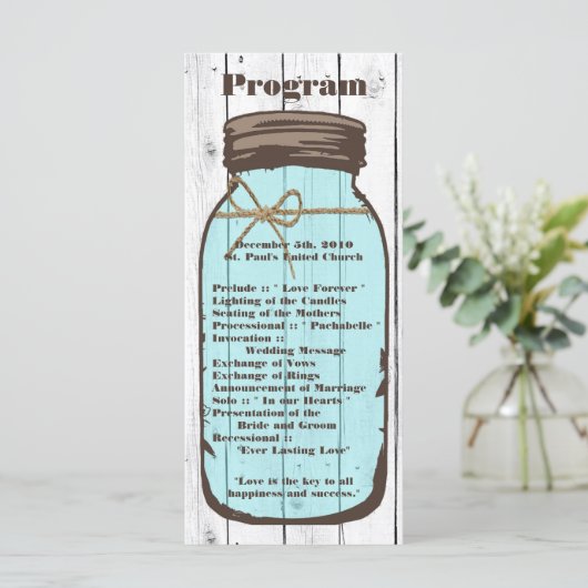 25 4x9 Wedding Programme Mason Jar Wood Land Programma (Staand voorkant)