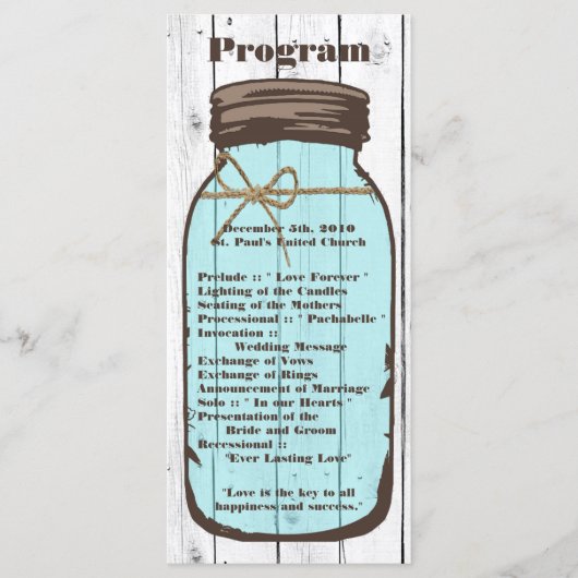 25 4x9 Wedding Programme Mason Jar Wood Land Programma (Voorkant)
