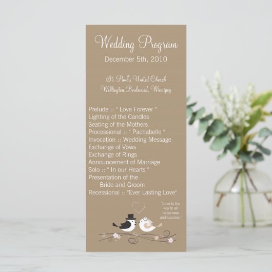 25 4x9 Wedding Programme Wedding Birds Bride Groom Programma (Staand voorkant)