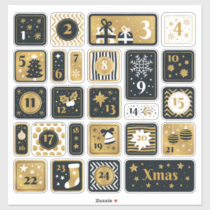 25 Adventskalender Stickers zwart goud Kerst