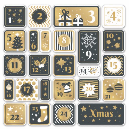 25 Adventskalender Stickers zwart goud Kerst (Voorkant)