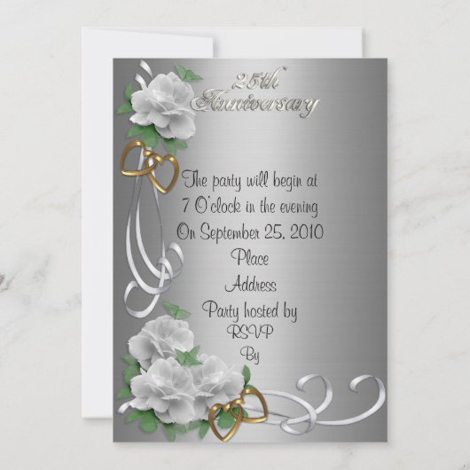 25 Anniversaire invitation blanc roses argent sati (Dos)