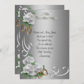 25 Anniversaire invitation blanc roses argent sati (Devant / Derrière)