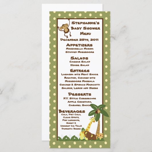 25 bébés de jungle de cartes de menu (Devant / Derrière)
