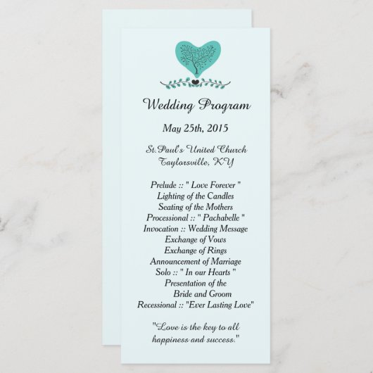 25 Blauwe Boom- en Heart Wedding-programma's Programma (Voorkant / Achterkant)