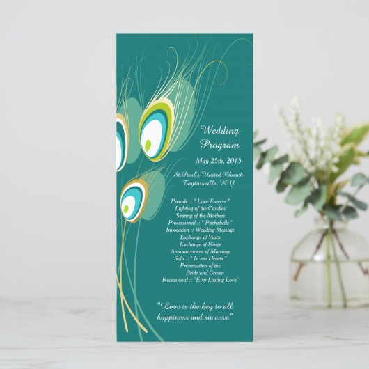 25 Blue Peacock Feather Wedding Programs Programma (Staand voorkant)