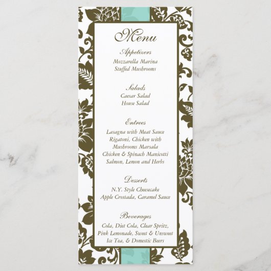 25 Brown/Blue Floral Mariage damassé Menu (Devant)