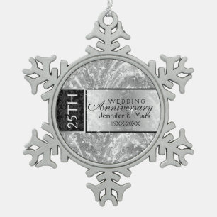 25 bruiloft Jubileum glanzend zilver en zwart Tin Sneeuwvlok Ornament