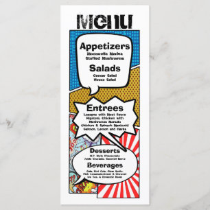 25 Cartes de menu Bande dessinée Livre Pop Art Car