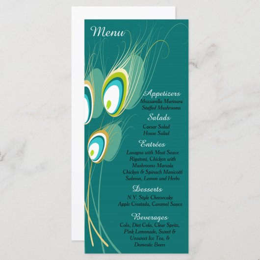 25 Cartes de menu bleu Peacock (Devant / Derrière)