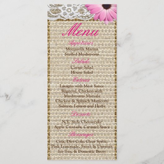 25 Cartes de menu Burlap Dentelle rose Fleur de ma (Devant)