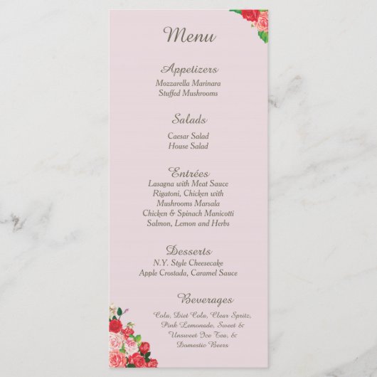 25 Cartes de menu de réception Roses roses et roug (Devant)